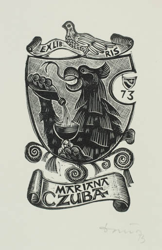 Exlibris by Jerzy Druzrycki from Poland for Mariana Czuba - Fauna Bird Heraldry Wine 