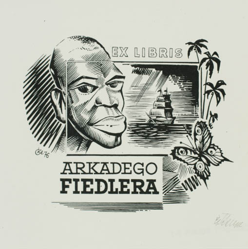 Exlibris by Czeslaw Kelma from Poland for Arkadego Fiedlera - Maritime Portrait Butterfly 