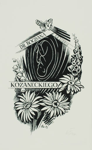 Exlibris by Czeslaw Kelma from Poland for Dr. Bogdana Kozaneckiego - Child Flower Butterfly 