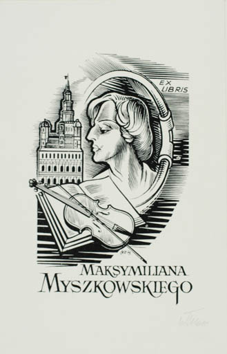 Exlibris by Czeslaw Kelma from Poland for Maksimiliana Myszkowskiego - Castle/Palace Music Portrait 