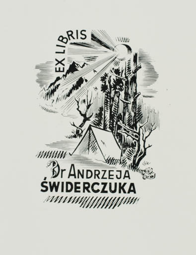 Exlibris by Czeslaw Kelma from Poland for Dr. Andrzeja Swiderczuka - Mountain Scenery/Landscape Sun 