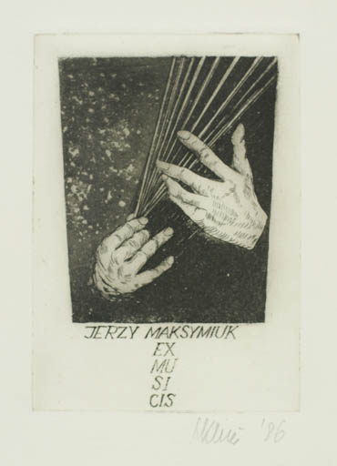 Exlibris by Marian Klincevicz from Poland for Jerzy Maksymiuk - Ex Mucika Hand(s) Music 