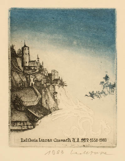 Exlibris by Krzysztofa Lachtara from Poland for Lucas Cranach  - Mountain City Scenery/Landscape 