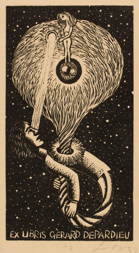 Exlibris by Zbigniew Lubicz-Miszewski from Poland for Gerard Depardieu - Cosmos 