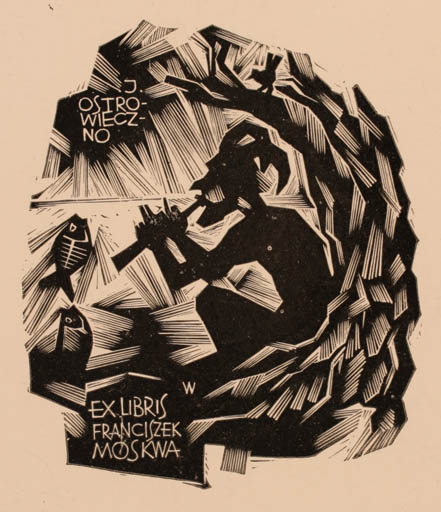 Exlibris by Wojciech Luczak from Poland for Franciszek Moskwa - Fable Animal Fish Music Pan/Faun 