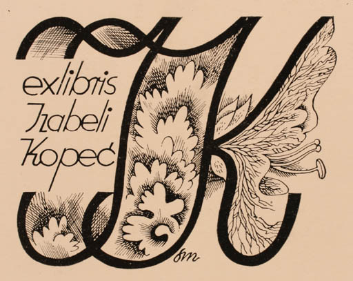 Exlibris by Stanislaw Mrowinski from Poland for Izabeli Kopec - Flower Text/Writing 