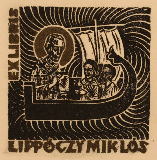 Exlibris by Jozef Szuszkiewicz from Poland for Dr. Nicholas Lippoczy - Religion Ship/Boat 