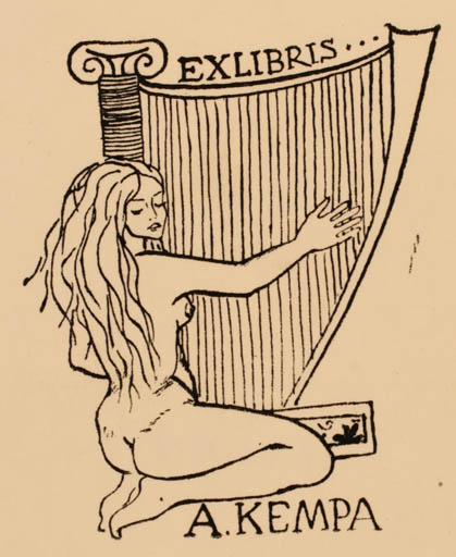 Exlibris by Wieskawa Twardowska from Poland for Andrzeja Kempy - Woman Music Nude 