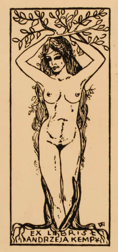 Exlibris by Wieskawa Twardowska from Poland for Andrzeja Kempy - Woman Nude 