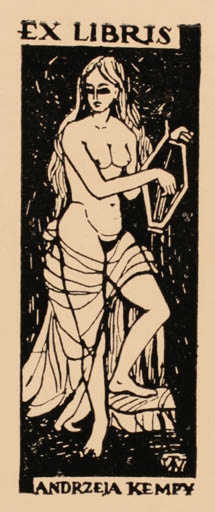 Exlibris by Wieskawa Twardowska from Poland for Andrzeja Kempy - Woman Music Nude 