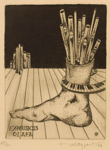 Exlibris by Jerzy Waygart from Poland for ? Olafa - Music Surrealism 