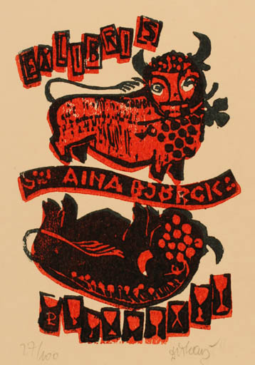 Exlibris by Lenke Diskay from Hungary for Aina Björck - Fauna Wine 