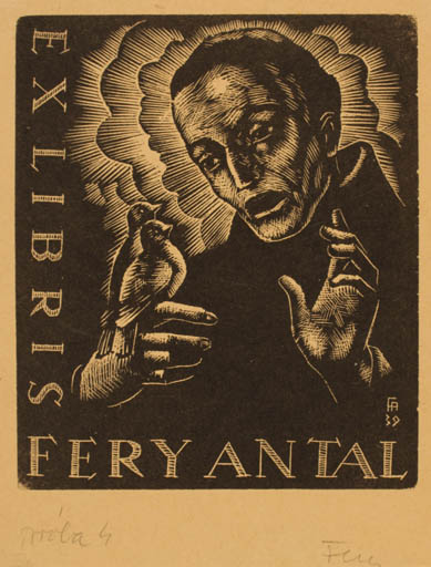 Exlibris by Antal Fery from Hungary for Antal Fery - Bird Religion 