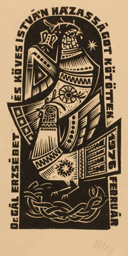 Exlibris by Antal Fery from Hungary for Dr. Erzebet Gal - Bird 