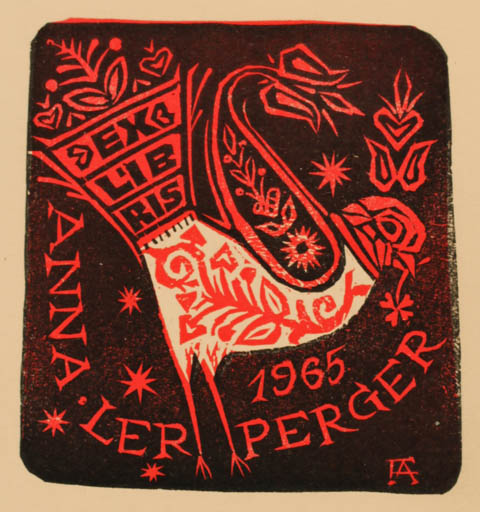 Exlibris by Antal Fery from Hungary for Dr. Anna Lerperger - Bird 