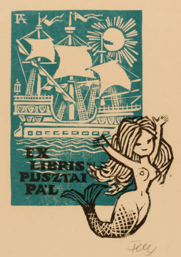 Exlibris by Antal Fery from Hungary for Pal Pusztai - Mermaid Ship/Boat 