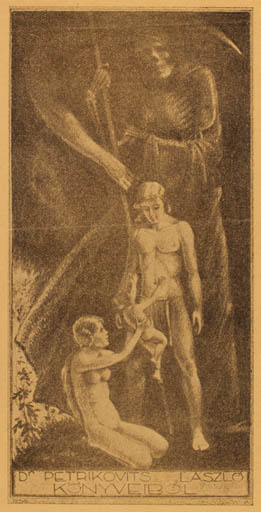 Exlibris by Antal Gyorcy from Hungary for Dr. Laszlo Petrikovits - Death 