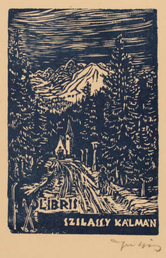 Exlibris by Lajos Imre from Hungary for Kalman Szilassy - Mountain Scenery/Landscape Forest 