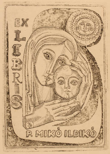 Exlibris by Janos Jozsa from Hungary for P. Miko Ildiko - Madonna Sun 