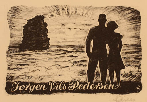 Exlibris by Jenö Kertes-Kollmann from Hungary for Jørgen Vils Pedersen - Maritime Couple Romance 