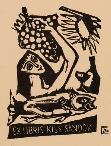 Exlibris by Marta Kopasz from Hungary for Sandor Kiss - Fish Woman Sun Wine 