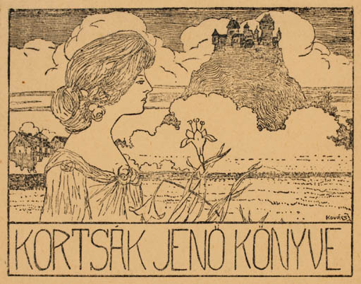 Exlibris by Istvan Kovacs from Hungary for Jenö Kortsak - Castle/Palace Jugend Woman Scenery/Landscape 
