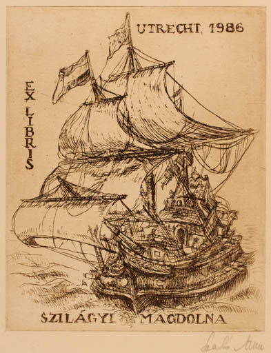 Exlibris by Anna Laszlo from Hungary for Magdolna Szilagyi - Maritime Ship/Boat 