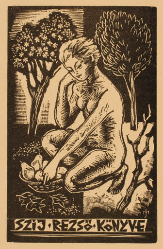 Exlibris by Jozsef Menyhart from Hungary for Rezsö Szij - Woman Nude 