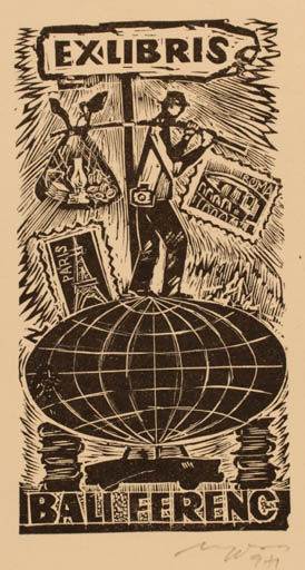 Exlibris by Laszlo Lazar Nagy from Hungary for Ferenc Bali - Car Globe Man 