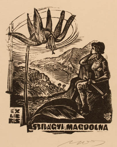 Exlibris by Laszlo Lazar Nagy from Hungary for Magdolna Szilagyi - Mountain Woman Scenery/Landscape 