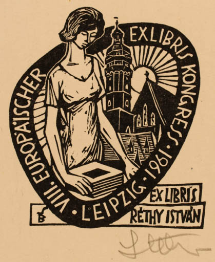 Exlibris by Bèla Stettner from Hungary for Dr. Istvan Rethy - Church Woman 