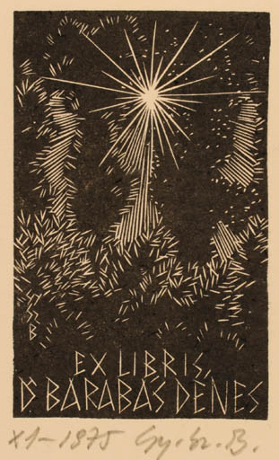 Exlibris by Bèla Gy Szabo from Hungary for Dr. Denes Barabas - 