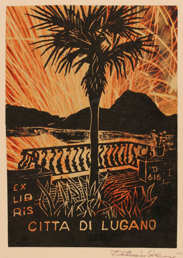 Exlibris by Dezsö Takacs from Hungary for Citta di Lugano - Mountain Scenery/Landscape Palm tree 