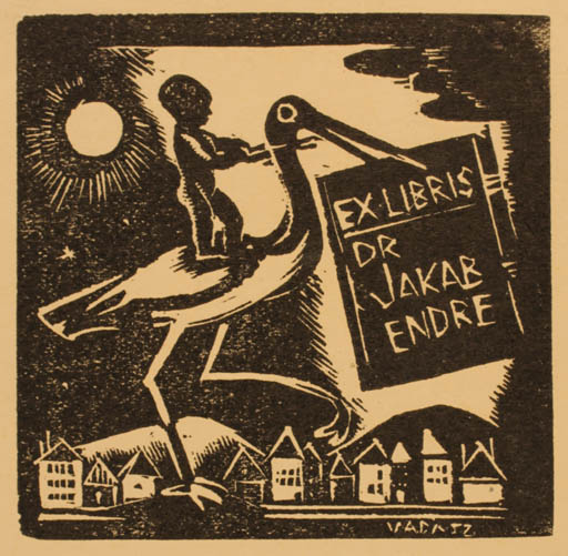 Exlibris by Endre Vadasz from Hungary for Dr. Jakab Endre - Child Bird 