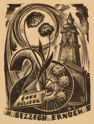 Exlibris by Kàroly Vàroknyi from Hungary for Ernöek H. Bezzegh - Flower Church 