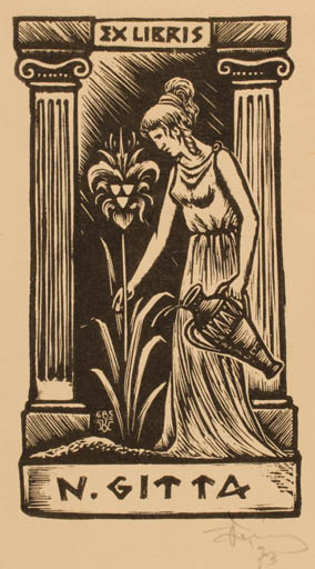 Exlibris by Kàroly Vàroknyi from Hungary for N. Gitta - Flower Woman 