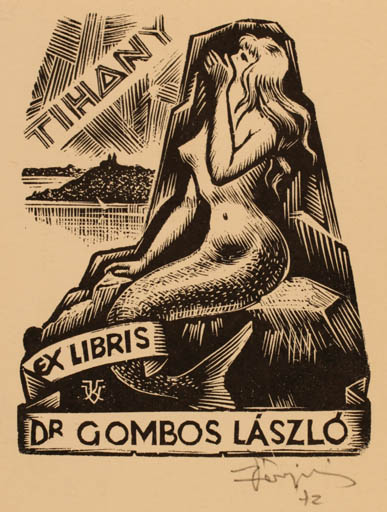 Exlibris by Kàroly Vàroknyi from Hungary for Gombos Lászlo - Mermaid 