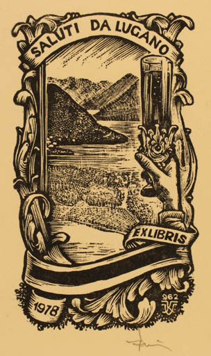 Exlibris by Kàroly Vàroknyi from Hungary for ? Vor der Schrfit (D. Becker) - Mountain Scenery/Landscape Wine 