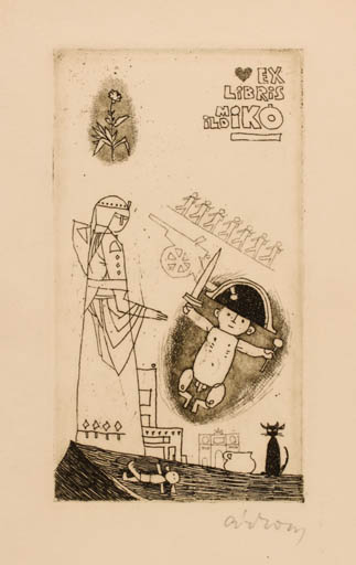 Exlibris by Istvan Arkossy from Romania for Milo Miko - Child Cat Woman 