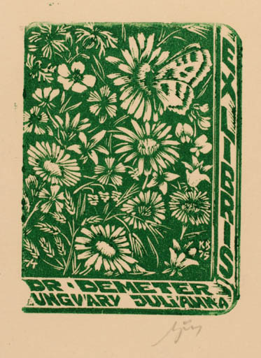 Exlibris by Kosa Balint from Romania for Dr. Julianna Demeter - Flower Book Butterfly 