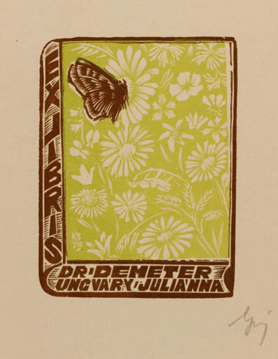 Exlibris by Kosa Balint from Romania for Dr. Julianna Demeter - Flower Book Butterfly 