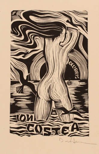 Exlibris by Dafinel Duinea from Romania for Ion Costea - Bird Woman Maritime Nude 