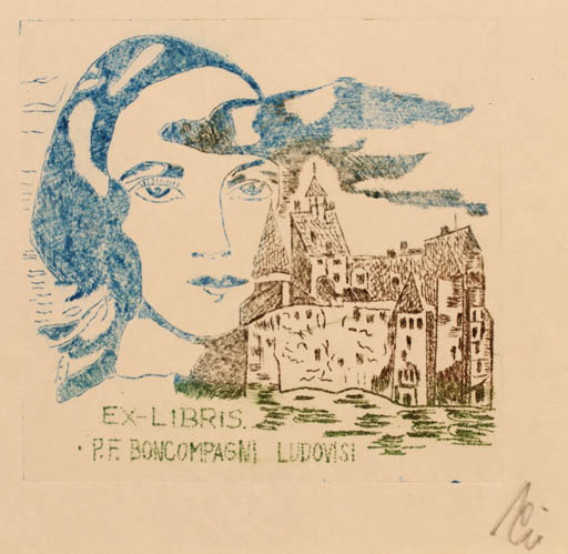 Exlibris by Franz Illi from Romania for Boncompagni Ludovisi - Castle/Palace Woman Portrait 