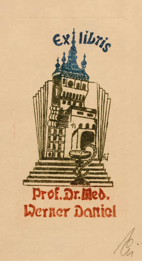 Exlibris by Franz Illi from Romania for Dr. Werner Daniel - Architecture Book Medicine 