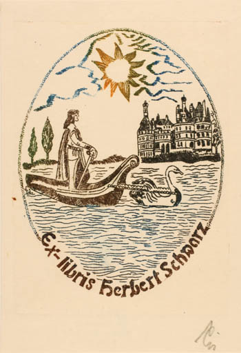 Exlibris by Franz Illi from Romania for Herbert Schwarz - Castle/Palace Man Maritime Sun 