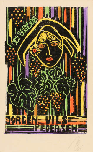 Exlibris by Franz Illi from Romania for Jørgen Vils Pedersen - Woman Portrait Wine 