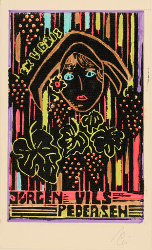 Exlibris by Franz Illi from Romania for Jørgen Vils Pedersen - Woman Portrait Wine 