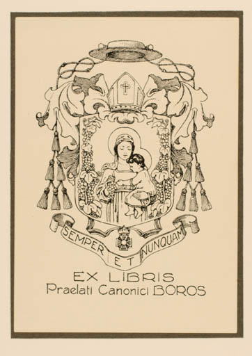 Exlibris by Jenö Reithofer from Romania for Praelati Canonici Boros - Heraldry Madonna Religion 