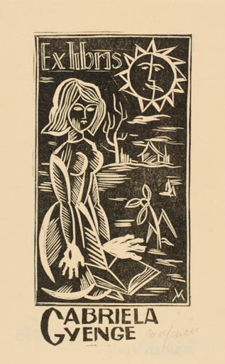 Exlibris by Zsolt Vecserka from Romania for Marian Vlaico - Book Woman Scenery/Landscape Sun 