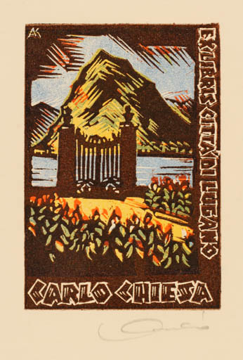 Exlibris by Kàroly Andrusko from Yugoslavia for Carlo Chiesa - Mountain Flora Scenery/Landscape 